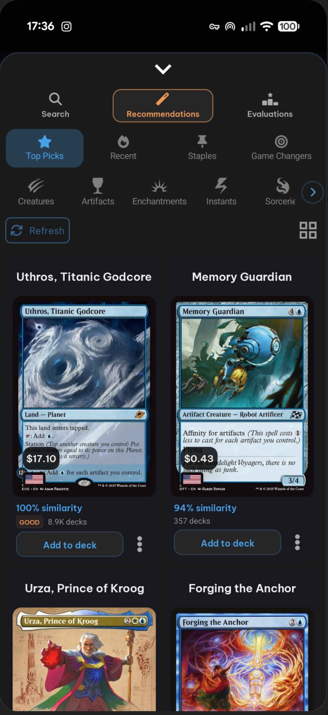 Card recommendations with similarity scores