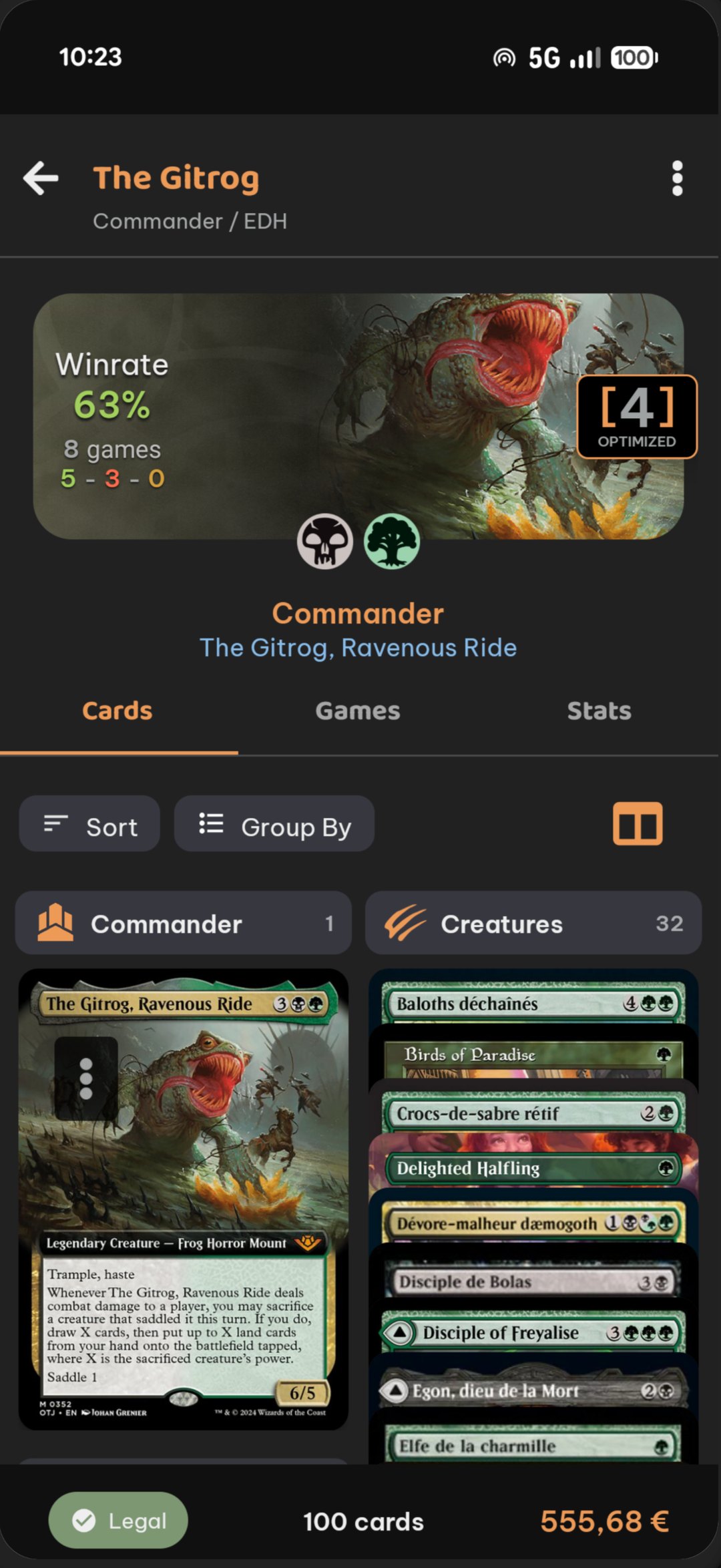 Commander deck with win rate and visual stacks