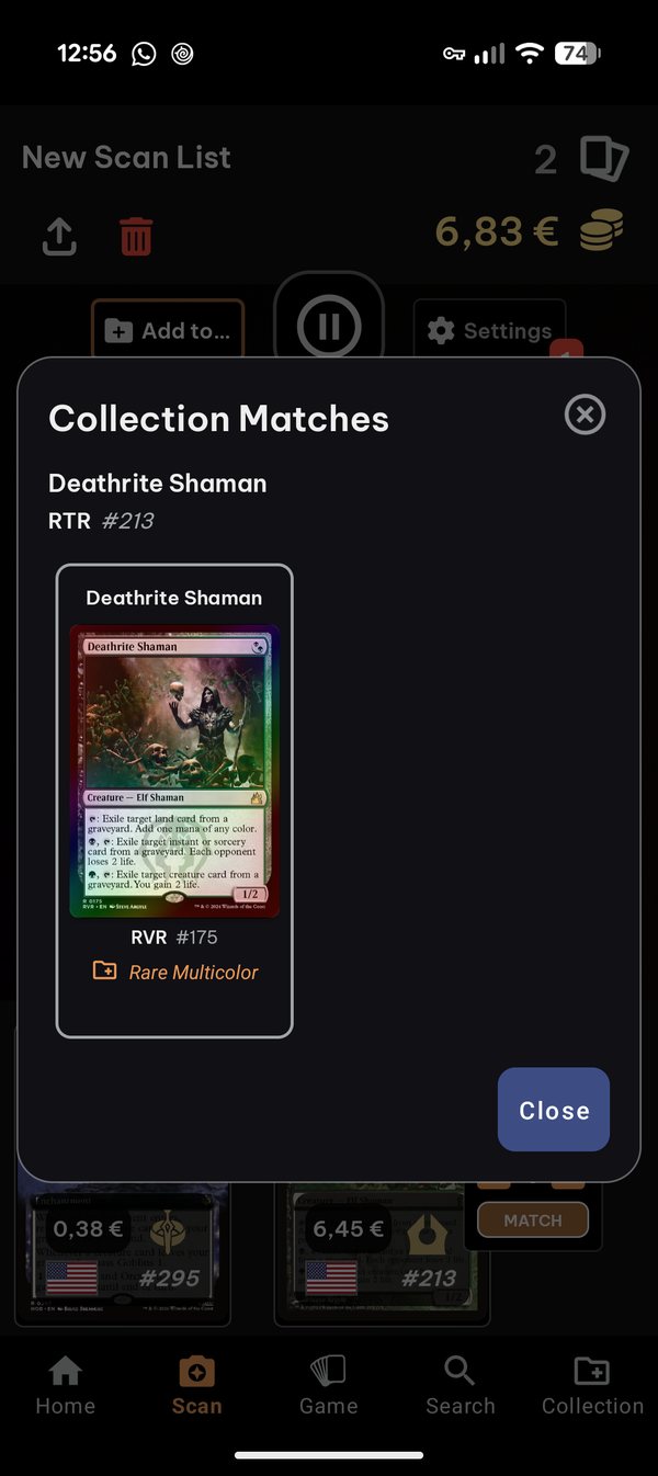 Scanner showing a card already in the collection